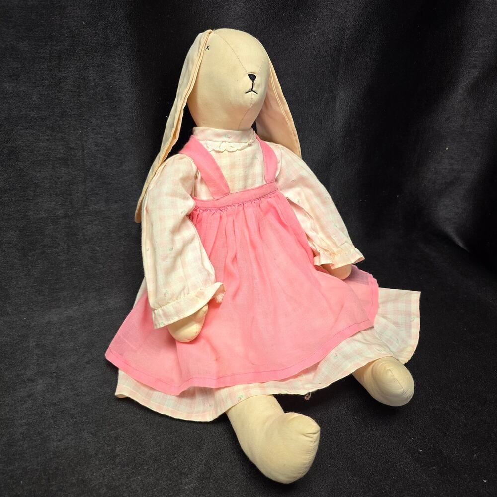Vintage Folk Art Handmade Stitched Cloth Bunny Rabbit Pink Dress 21" Doll